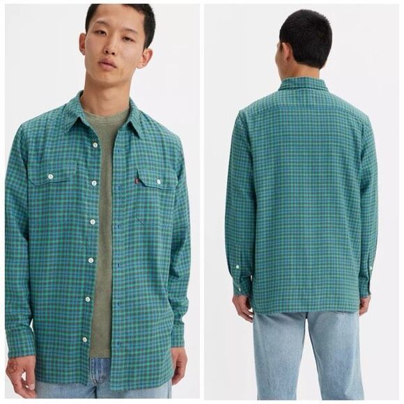 Levi’s Jackson Worker Flannel Overshirt Relaxed Fit Medium Green Blue Slate - Picture 1 of 10